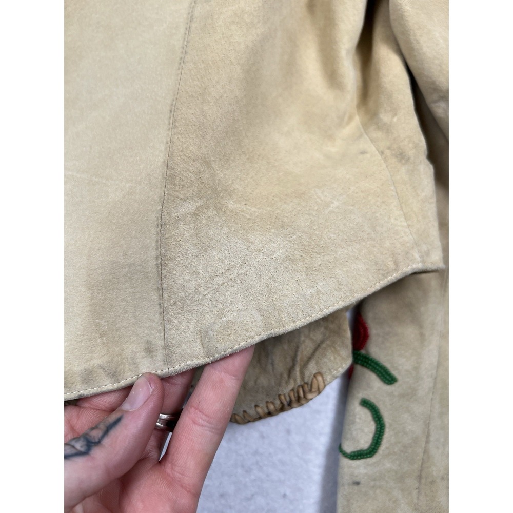 Ren Ellis Santa Fe Beaded Suede Leather Jacket Size 10 Tan Snap Front Lined - Picture 11 of 15